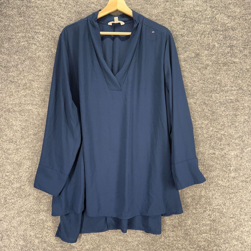 Terra & Sky Blouse Women 2X Plus Blue V-Neck Long Sleeve Pullover Casual Solid